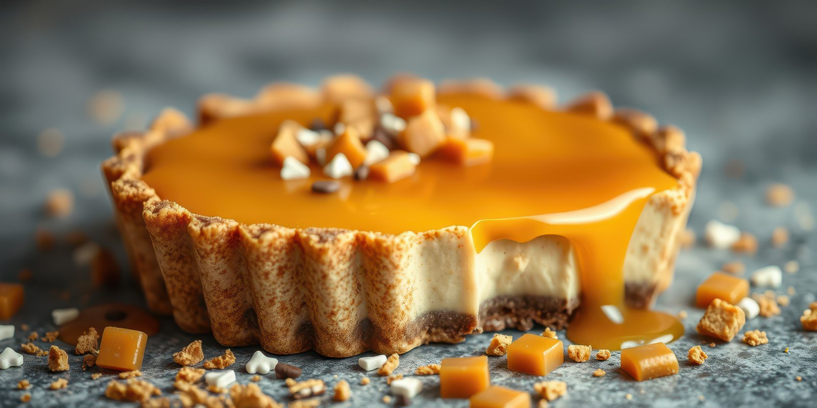 Delicious caramel tart with a buttery crust and toppings on a rustic background